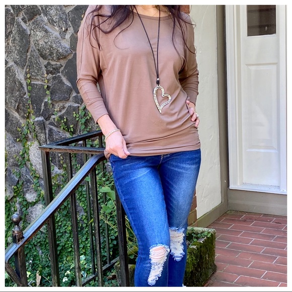 MOCHA DOLMAN BOATNECK 3/4 SLEEVES TUNIC TOP - Picture 7 of 15